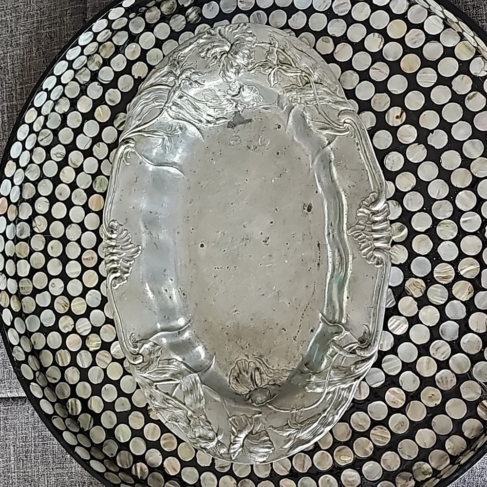 Antique Art Nouveau Pewter Oval Serving Bowl, Dish, Platter